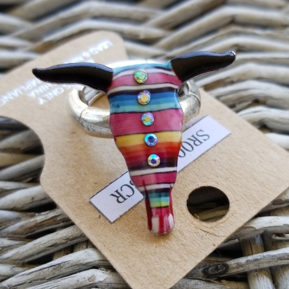 Serape Steer Head Boho Hippie Cowgirl gypsy Southwestern Silvertone stretch ring - Picture 7 of 8